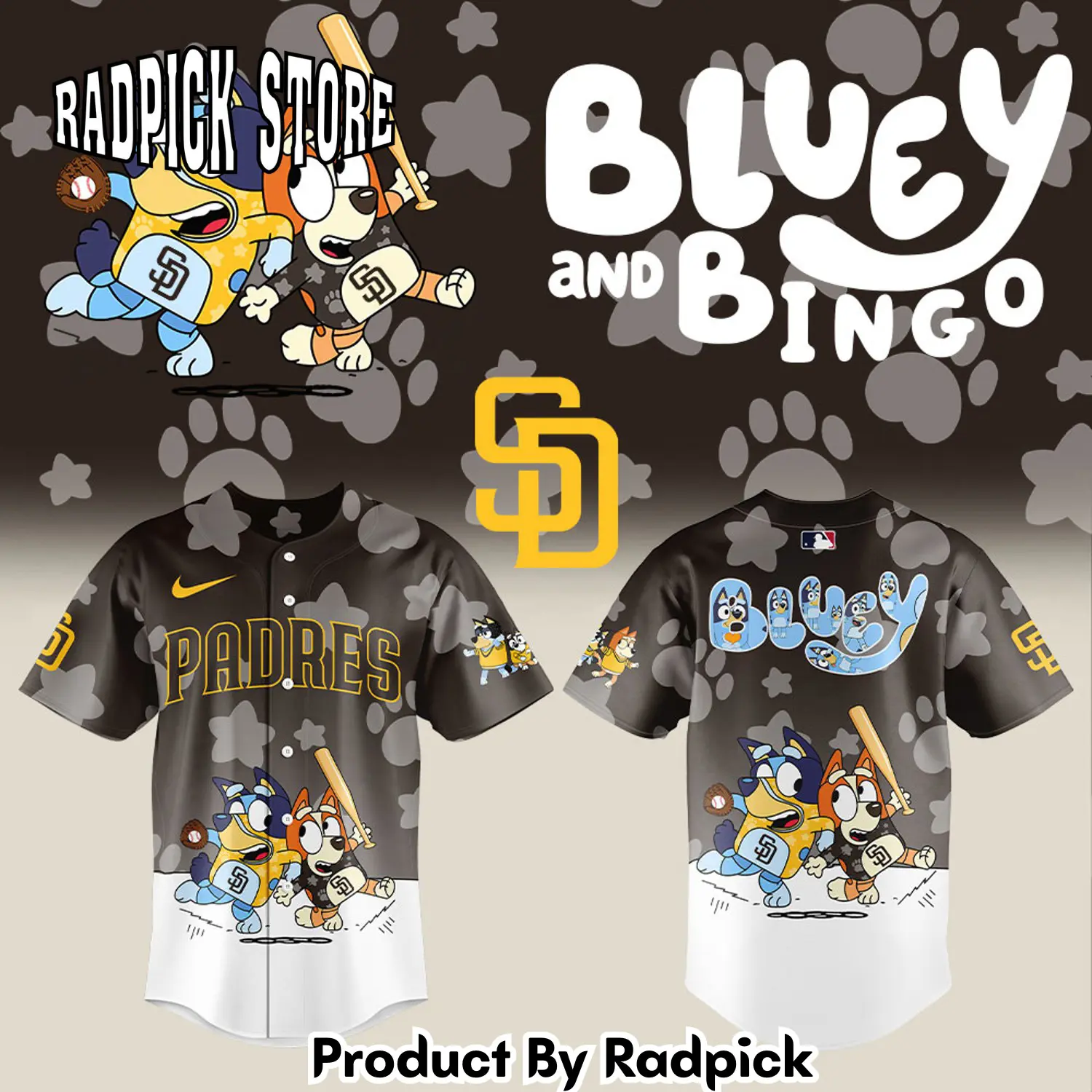 Radpick san diego padres bluey and bingo brown baseball jersey rp127176